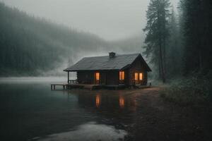 a small cabin sits on the edge of a lake photo