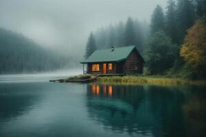 un pequeño cabina se sienta en el borde de un lago foto