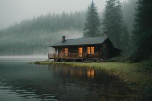 a cabin sits on the shore of a lake in the fog photo