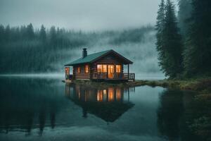 a cabin sits on the shore of a lake in the fog photo