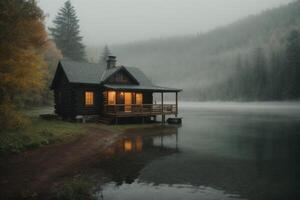 a cabin sits on the shore of a lake in the fog photo