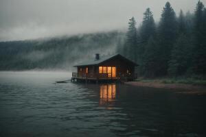 a cabin sits on the shore of a lake in the fog photo