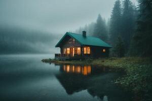 un pequeño cabina se sienta en el borde de un lago foto