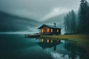 a cabin sits on the shore of a lake in the fog photo