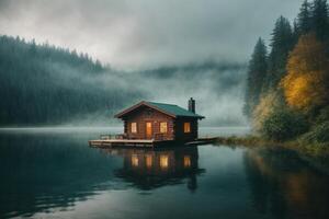 un cabina se sienta en el apuntalar de un lago en el niebla foto