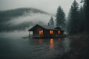 a cabin sits on the shore of a lake in the fog photo