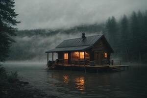 un cabina se sienta en el apuntalar de un lago en el niebla foto