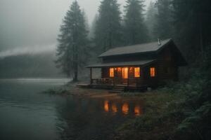 un cabina se sienta en el apuntalar de un lago en el niebla foto