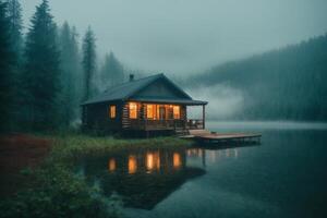 a cabin sits on the shore of a lake in the fog photo