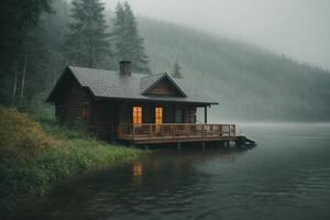 a cabin sits on the shore of a lake in the fog photo