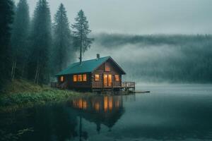 un cabina se sienta en el apuntalar de un lago en el niebla foto