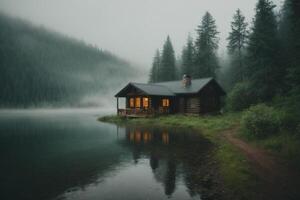 a cabin sits on the shore of a lake in the fog photo