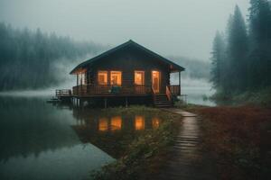 a cabin sits on the shore of a lake in the fog photo