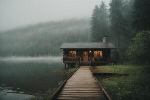 a cabin sits on the shore of a lake in the fog photo