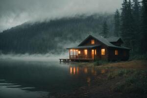 a cabin sits on the shore of a lake in the fog photo