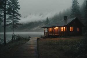 a cabin sits on the shore of a lake in the fog photo