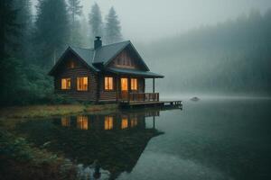 a cabin sits on the shore of a lake in the fog photo