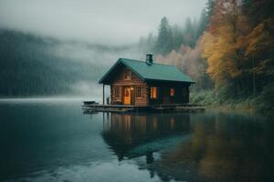 un cabina se sienta en el apuntalar de un lago en el niebla foto