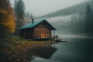 a cabin sits on the shore of a lake in the fog photo