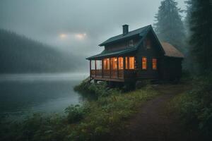 un cabina se sienta en el apuntalar de un lago en el niebla foto