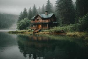 a cabin sits on the shore of a lake in the fog photo