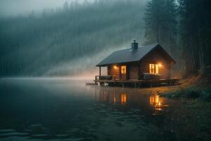 a cabin sits on the shore of a lake in the fog photo