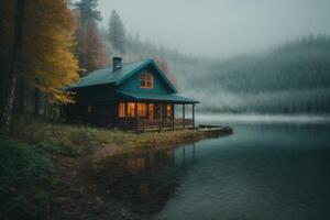 a cabin sits on the shore of a lake at dusk photo