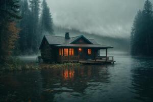 a cabin sits on the shore of a lake at dusk photo