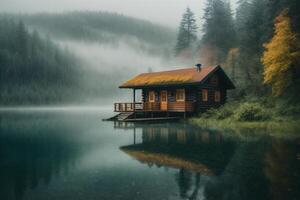 a cabin sits on the shore of a lake in the fog photo