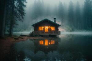 a cabin sits on the shore of a lake at dusk photo