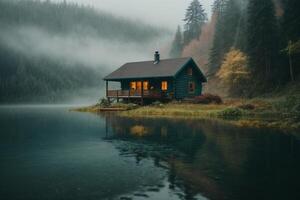 a cabin sits on the shore of a lake at dusk photo