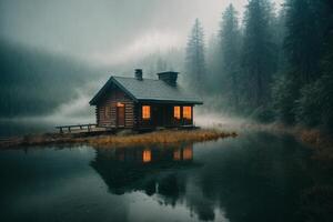 a cabin sits on the shore of a lake at dusk photo