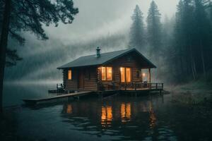 a cabin sits on the shore of a lake at dusk photo