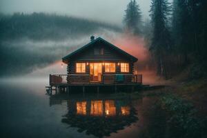 un cabina se sienta en el apuntalar de un lago a oscuridad foto