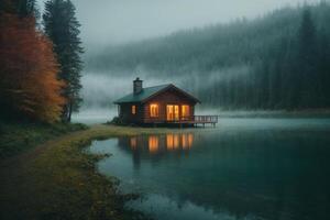 un cabina se sienta en el apuntalar de un lago a oscuridad foto