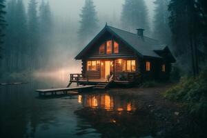 a cabin sits on the shore of a lake at dusk photo