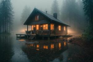 a cabin sits on the shore of a lake at dusk photo