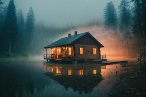 un cabina se sienta en el apuntalar de un lago a oscuridad foto