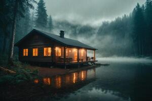 a cabin sits on the shore of a lake at dusk photo