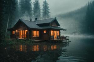 a cabin sits on the shore of a lake at dusk photo