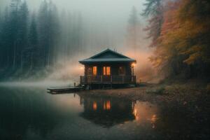 a cabin sits on the shore of a lake at dusk photo
