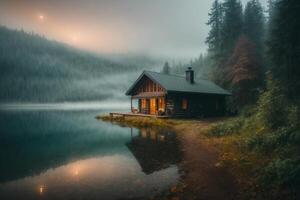 un cabina se sienta en el apuntalar de un lago a oscuridad foto