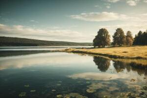 a lake surrounded by trees and grass photo