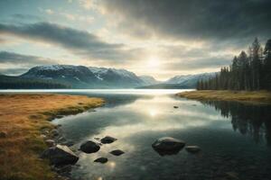 a lake surrounded by trees and grass photo