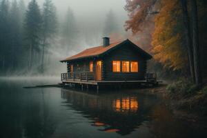 a cabin sits on the shore of a lake at dusk photo