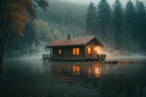 a cabin sits on the shore of a lake at dusk photo