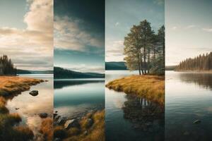 four different images of a lake and trees photo