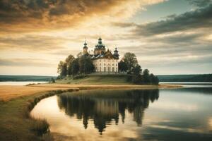 un castillo se sienta en un isla en el medio de un lago foto