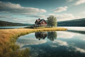 a small house sits on the shore of a lake photo