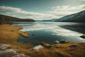 a lake surrounded by trees and grass at sunrise photo